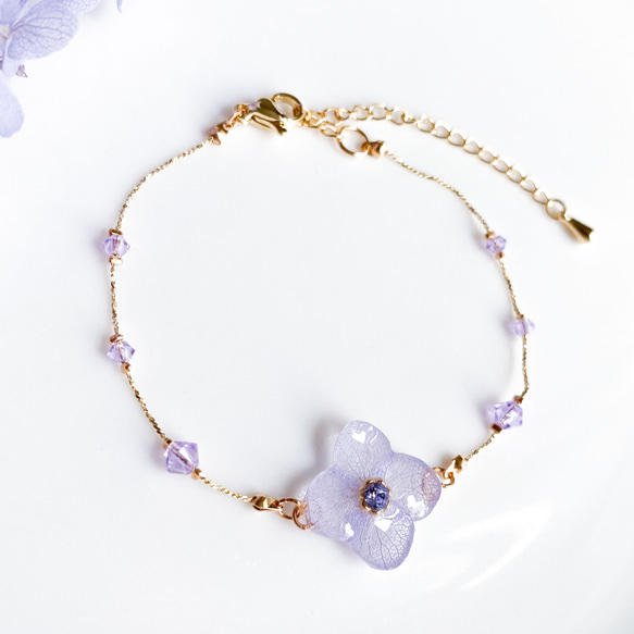紫陽花とスワロの華奢ブレスレット（ラベンダーパープル） 3枚目の画像