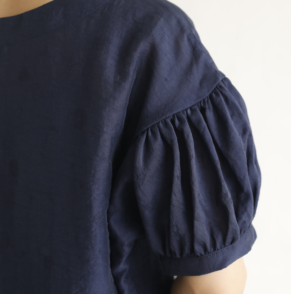 迷人時尚質感提花天絲亞麻布料短袖襯衫海軍藍 220702-1 第5張的照片