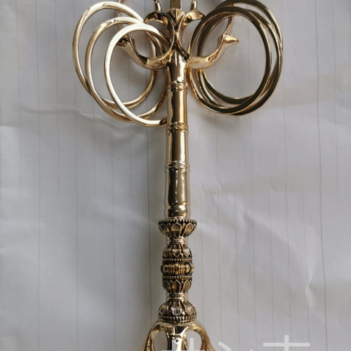 チベット密教法器 法杖 五鈷杵錫杖 真鍮製 禅杖 仏教美術 23.5cm