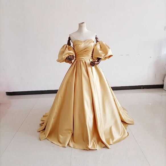 イエローカラードレス ウエディング ベアトップ 取り外しパフスリーブ 豪華なバックリボン/花嫁/結婚式 XL ドレス