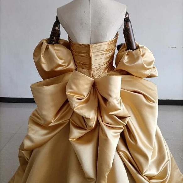 イエローカラードレス ウエディング ベアトップ 取り外しパフスリーブ 豪華なバックリボン/花嫁/結婚式 XL ドレス