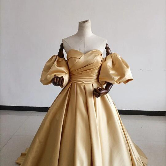 イエローカラードレス ウエディング ベアトップ 取り外しパフスリーブ 豪華なバックリボン/花嫁/結婚式 XL ドレス