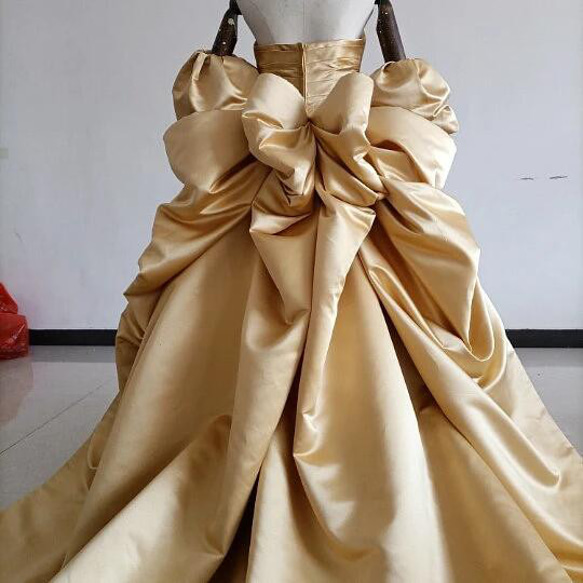 イエローカラードレス ウエディング ベアトップ 取り外しパフスリーブ 豪華なバックリボン/花嫁/結婚式 XL ドレス