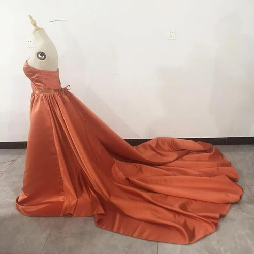 カラードレス 茶色テラコッタ ベアトップ ロングトレーン 二次会 前  