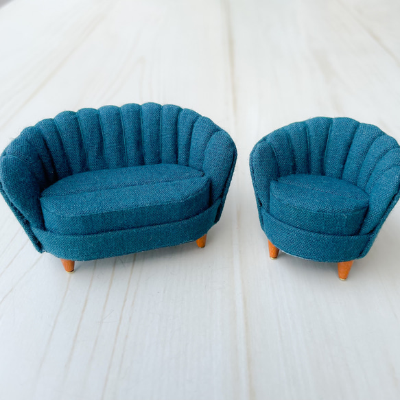 ミニチュアシェルソファのリングスタンド リングピロー 二人がけ　ブルーグリーン 3枚目の画像