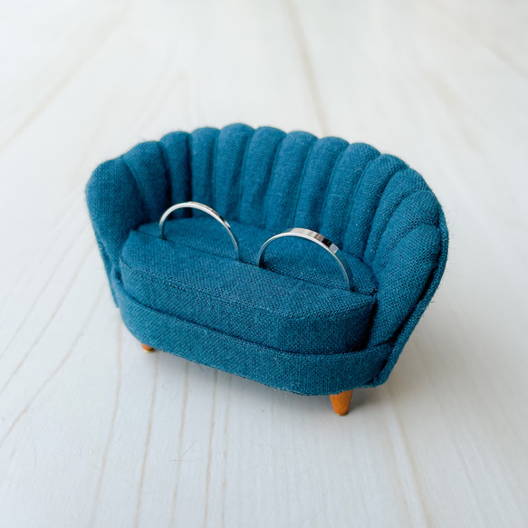 ミニチュアシェルソファのリングスタンド リングピロー 二人がけ　ブルーグリーン 4枚目の画像