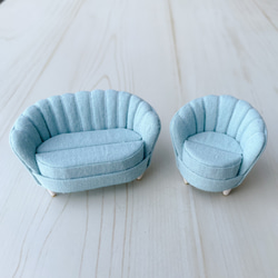 ミニチュアシェルソファのリングスタンド リングピロー  一人がけ ライトブルー 6枚目の画像