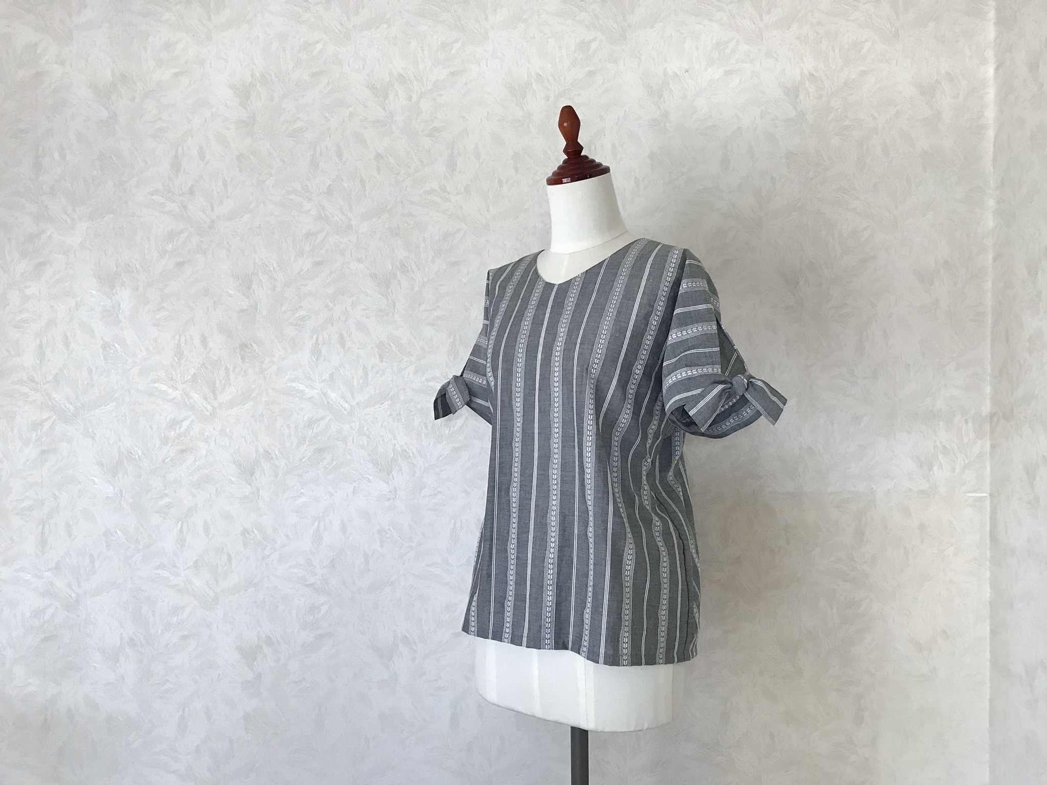 コットン ストライプ・リボン ブラウス✴︎グレー