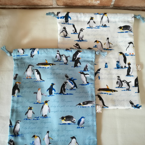緑 ペンギン ハンドメイド 給食袋 コップ袋 巾着 入園入学準備