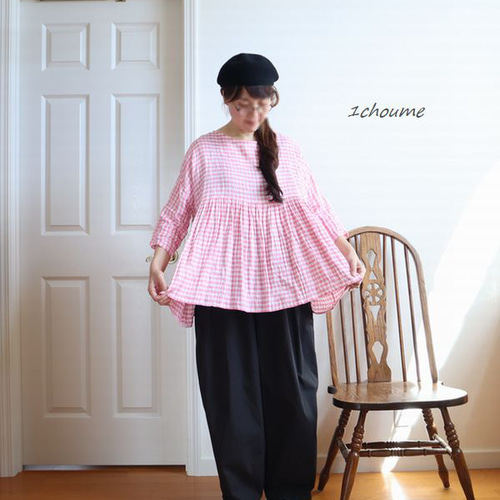 Check or Stripe？ リネン ギャザープルオーバー ブラウス