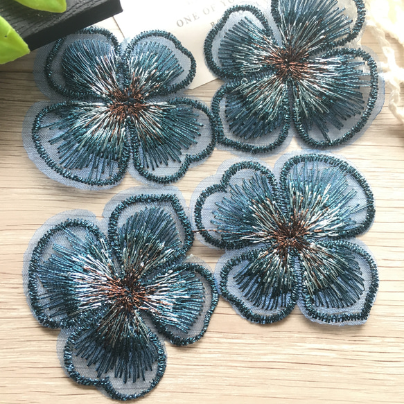 【送料無料】刺繍フラワーレース  オーガンジー  花芯入り 4pcs 2枚目の画像