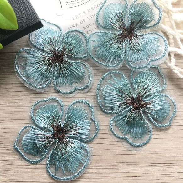 【送料無料】刺繍フラワーレース  オーガンジー  花芯入り 4pcs 2枚目の画像