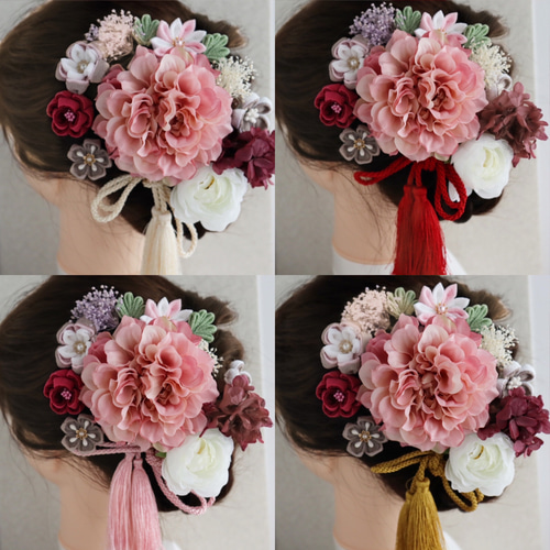 受注制作)ピンクダリア ラナンキュラス つまみ細工 髪飾り 成人式 卒業 