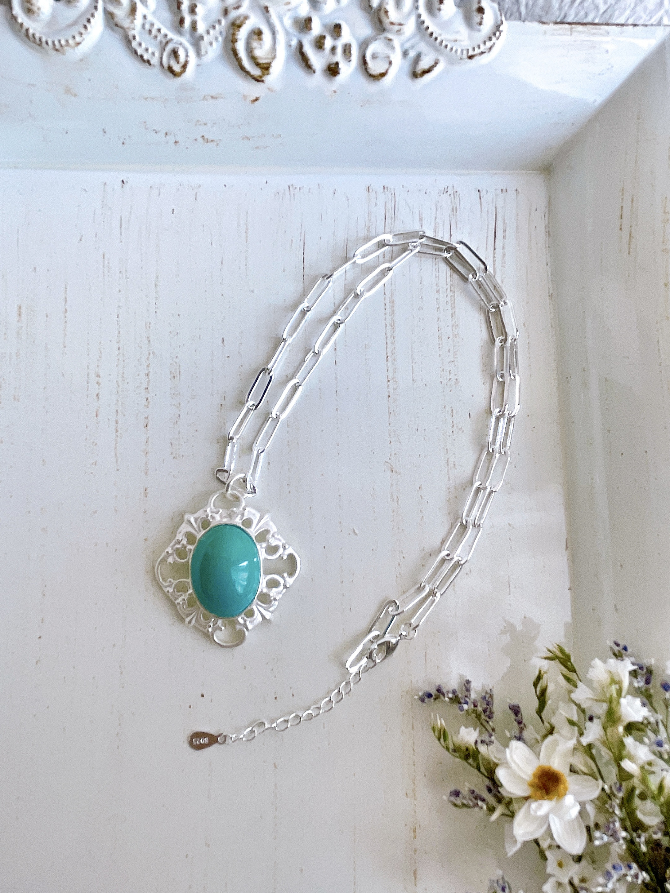 送料無料！silver925大粒ターコイズのアンティーク調ネックレス