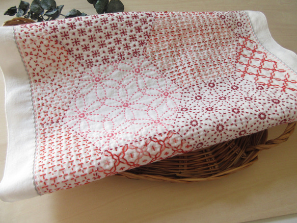 寄せ模様 赤系の六角形 刺し子 花ふきん その他インテリア雑貨 縫い