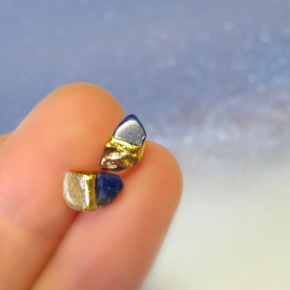 星空のひかり＊Lapis lazuli×Rutile quartz×Citrine＊金継ぎピアス／SS size 9枚目の画像