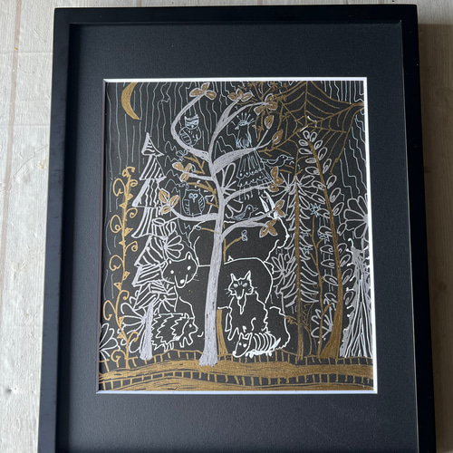 夜の森の動物たち フレーム付き原画アートポスター イラスト 若林佳子