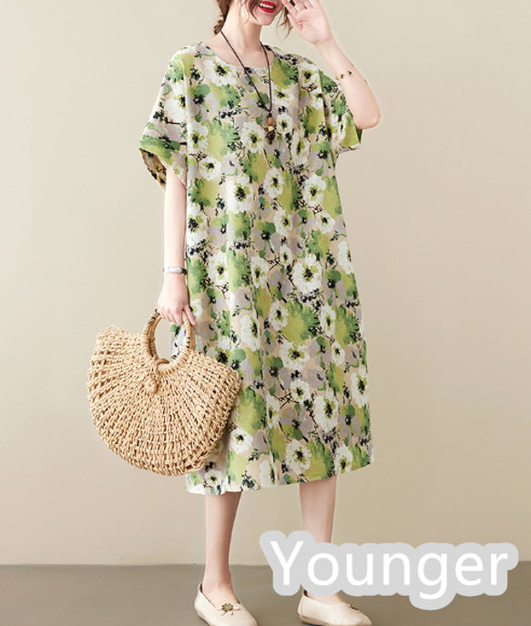 夏綿麻ワンピース半袖中丈ワンピース ワンピース Younger 通販｜Creema  