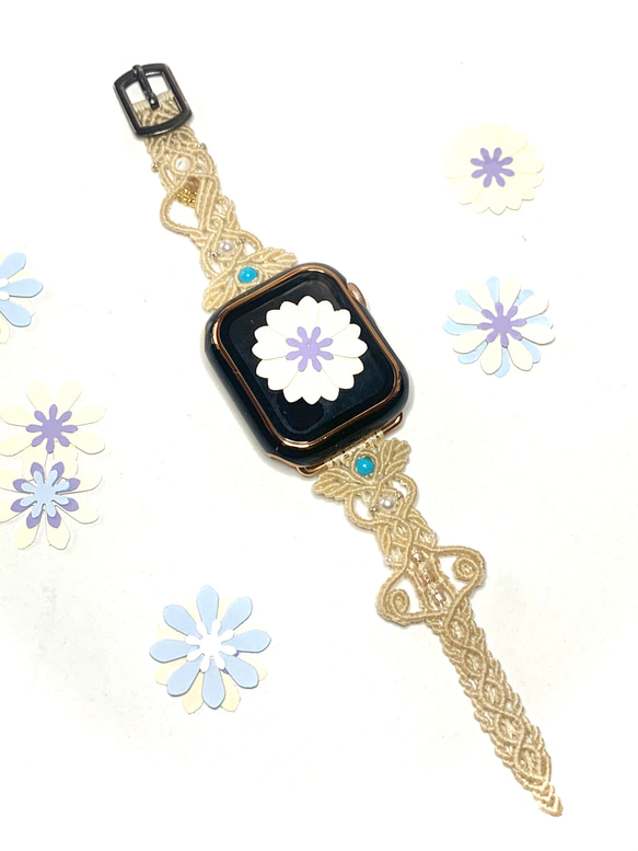 08 ivory×ターコイズなど好きな色でお作りします✩.*Applewatch、腕時計、スマートウォッチ着せ替えバンド 2枚目の画像