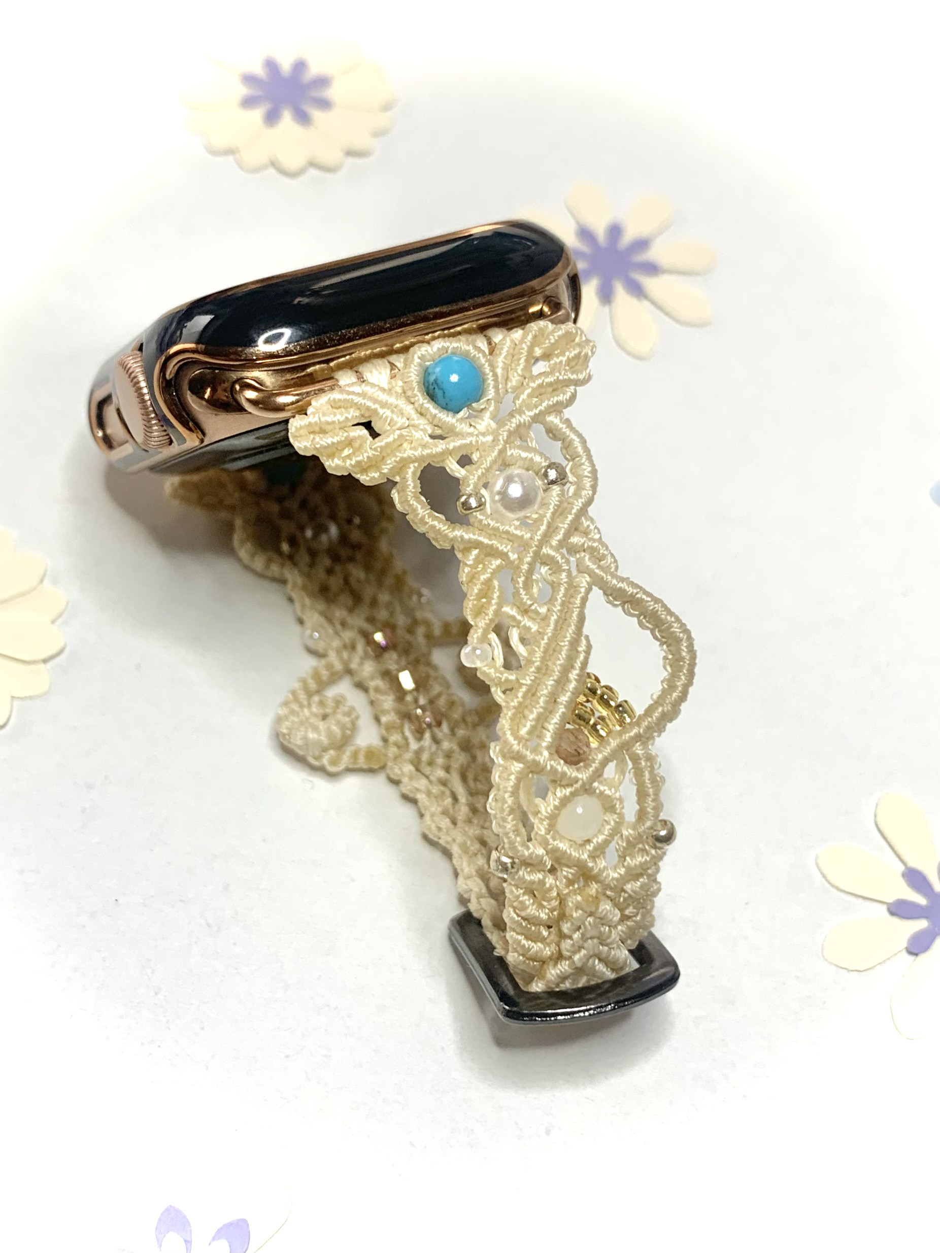 01.ivory×ターコイズなど好きな色と天然石一つ✩.*Applewatch、腕時計、スマートウォッチ着せ替えバンド