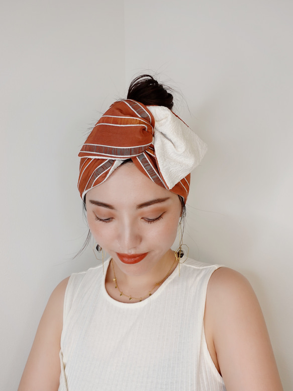 雙面橙色條紋&amp;絲綢｜可變頭巾｜QPPA®︎發頭巾帽子 第9張的照片