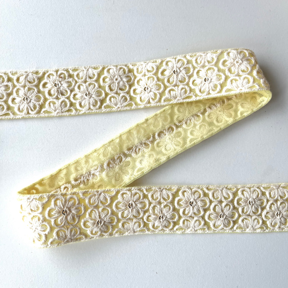 【50cm】インド刺繍リボン イエローxホワイト　ネット　GN433 6枚目の画像