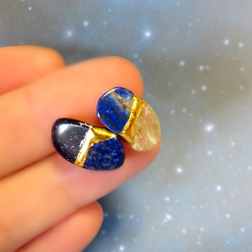 夜のワルツ＊ラピスラズリ×ルチルクォーツ×紫金石＊金継ぎピアス／L