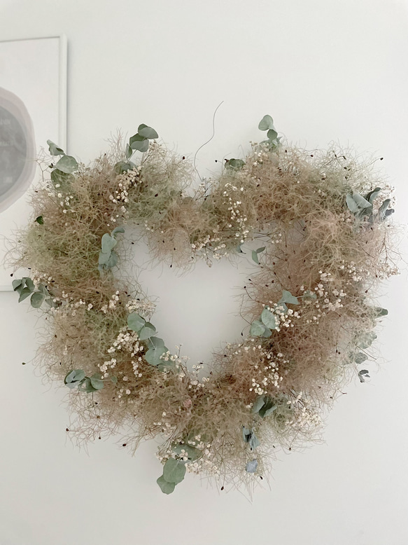 wreath " Coeur de fumée " ハートのリースかすみ草 ユーカリ グリーン スモークツリー ハート 1枚目の画像