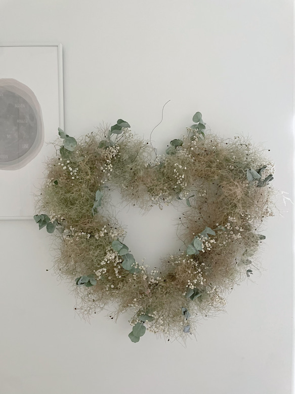 wreath " Coeur de fumée " ハートのリースかすみ草 ユーカリ グリーン スモークツリー ハート 3枚目の画像