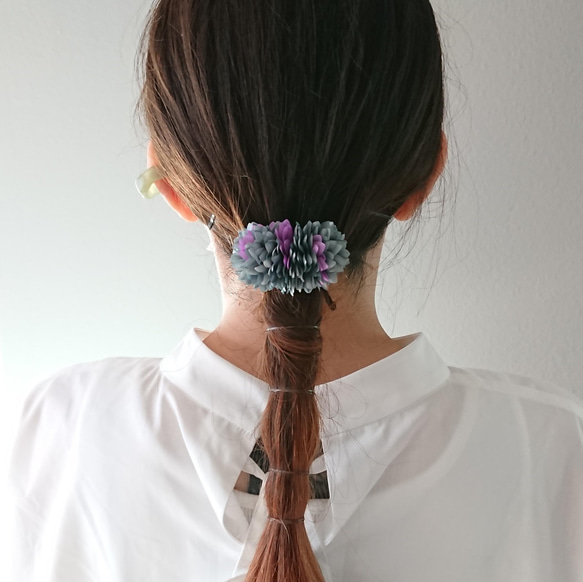 PF/染花のヘアカフス ポニーフック モーブ/ミントグリーン 布花 -飾る花- 12枚目の画像