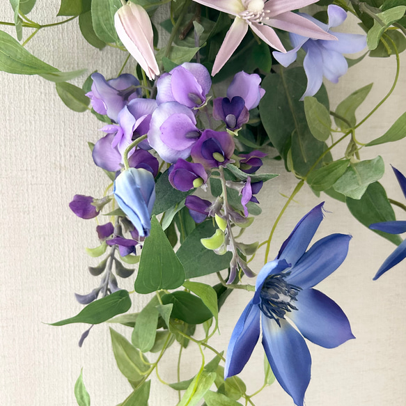 夏のスワッグ 花材はクレマチス、リキュウソウなど全てアーティフィシャルフラワー、水やりなどのお手入れ要らず 人気・おすすめ｜使いやすい・旅行におすすめ 品質保証 全国発送 日本国内発送・最短翌日お届け