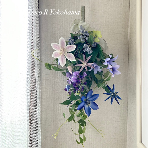 夏のスワッグ 花材はクレマチス、リキュウソウなど全てアーティフィシャルフラワー、水やりなどのお手入れ要らず 人気・おすすめ｜使いやすい・旅行におすすめ 品質保証 全国発送 日本国内発送・最短翌日お届け