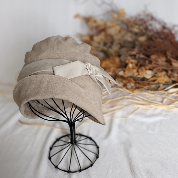 頭小さ目さんから大き目さんまで　軽くて優しいコットンリネン帽子（ベージュ×パールベージュ） 6枚目の画像
