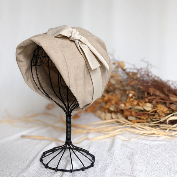 頭小さ目さんから大き目さんまで　軽くて優しいコットンリネン帽子（ベージュ×パールベージュ） 9枚目の画像