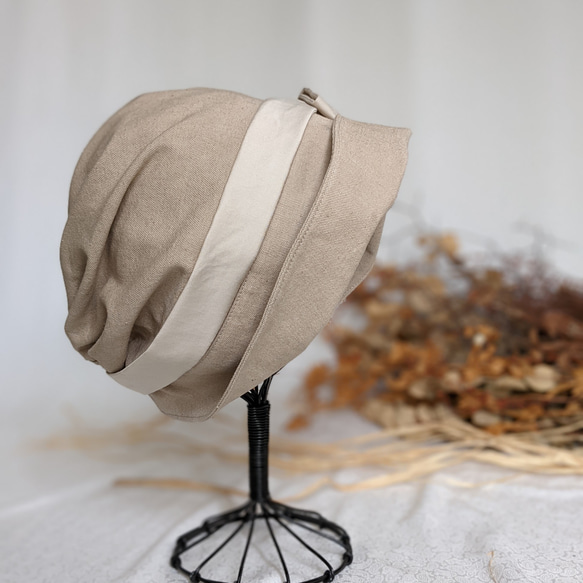 頭小さ目さんから大き目さんまで　軽くて優しいコットンリネン帽子（ベージュ×パールベージュ） 8枚目の画像