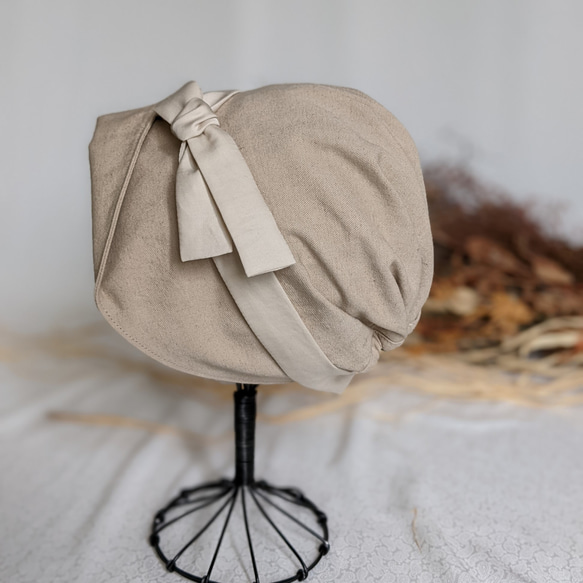 頭小さ目さんから大き目さんまで　軽くて優しいコットンリネン帽子（ベージュ×パールベージュ） 7枚目の画像