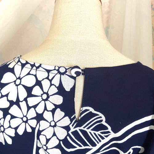 紺 紫陽花 浴衣 フレンチスリーブ Aラインワンピース ハンドメイド 