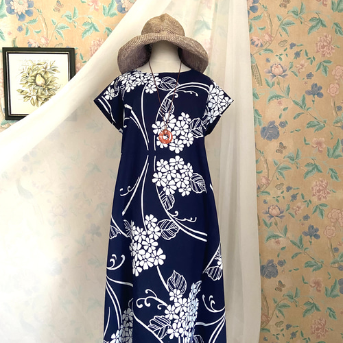紺 紫陽花 浴衣 フレンチスリーブ Aラインワンピース