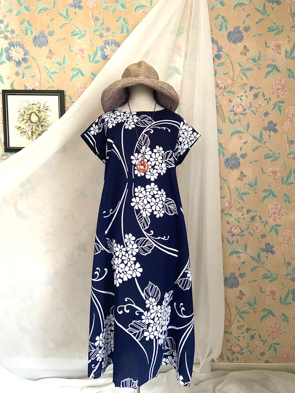 紺 紫陽花 浴衣 フレンチスリーブ Aラインワンピース