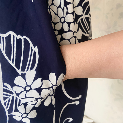 紺 紫陽花 浴衣 フレンチスリーブ Aラインワンピース ハンドメイド 