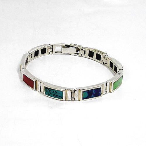 マルチカラーターコイズの・シルバー925製インレイ・ブレスレット
