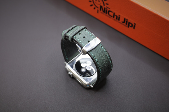 【新作】高級革使用Apple Watch イタリアンBabeleレザー バンド 時計ベルト グリーンD101総手縫い製作 2枚目の画像