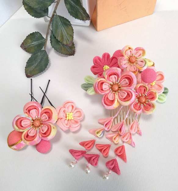 受注品》つまみ細工髪飾り #19-1 七五三花水〜あんずいろ〜(3歳用