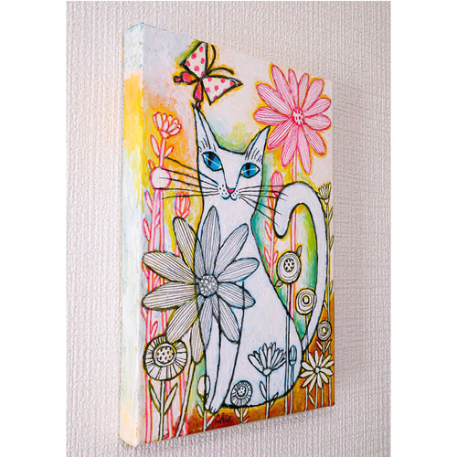 VICTORIAお客❤️絵油絵原画【北欧風デートに出かける予定の猫さん】 原画 北欧アート『猫と暖かなお庭』 おしゃれ モダンアート 現代