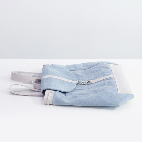 デニムx帆布 カジュアルバックパック（Lサイズ）【薄藍xライトグレー】A4サイズ対応 6枚目の画像