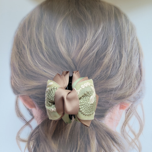 大人可愛い♪インド刺繍リボン 小さめバンスクリップ まとめ髪 ヘア