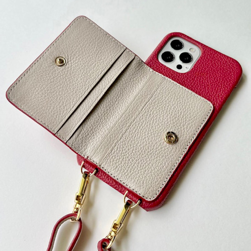本革バイカラー カード収納 ショルダー名入れiphoneケース 本革 内側バイカラー カード収納ショルダー名入れiphoneケース