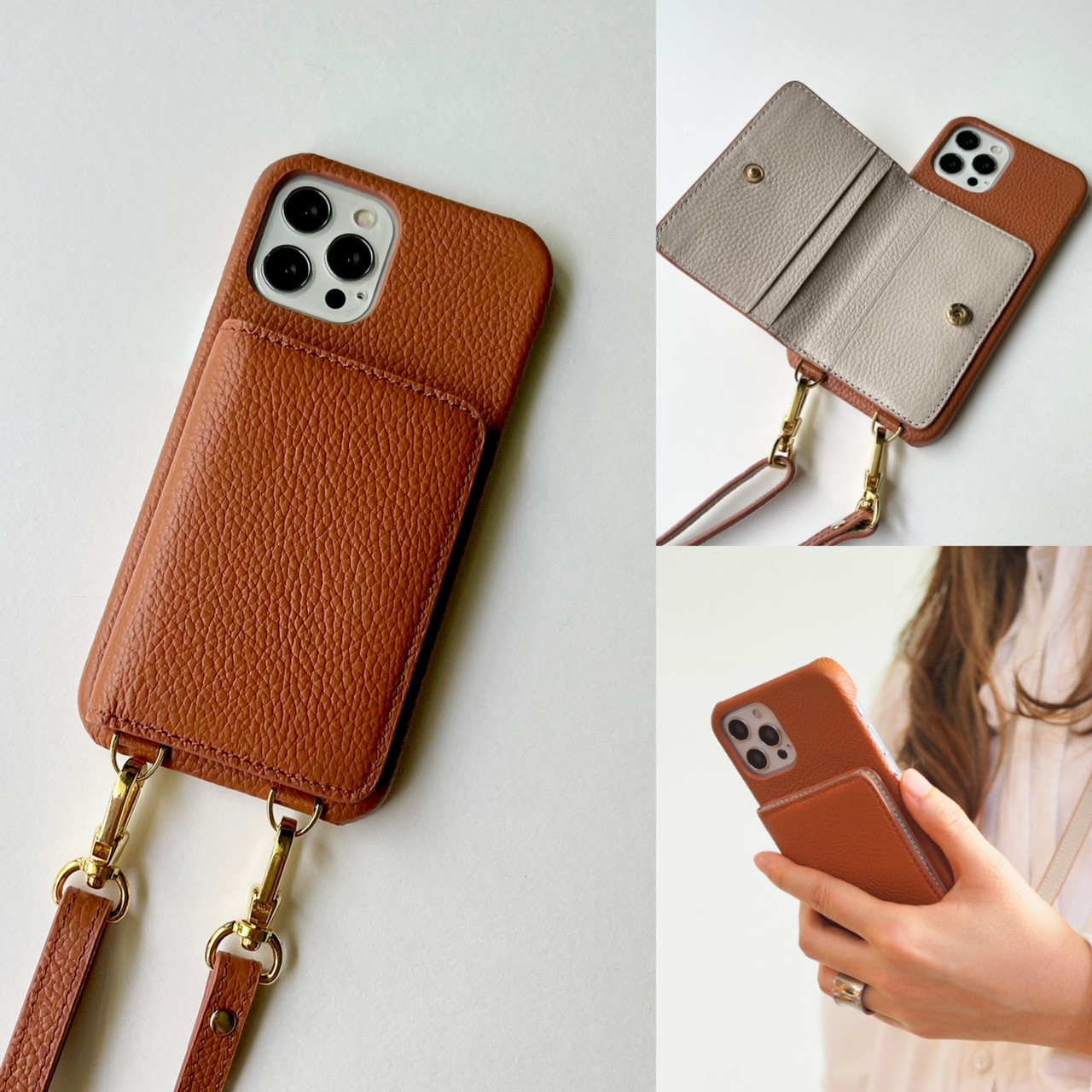 本革　スマホショルダー　名入れ無料　バイカラー　革　カード収納 　 名入れ レザーiphoneケース　キャメルメ