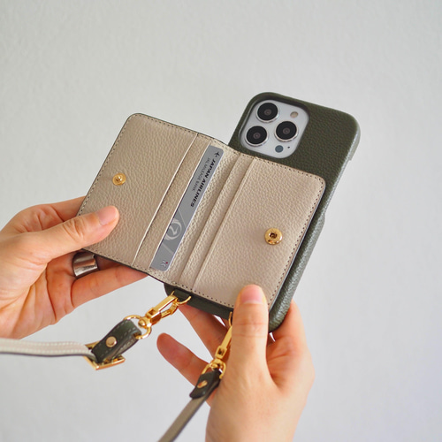 本革バイカラー カード収納 ショルダー名入れiphoneケース 本革 内側バイカラー カード収納ショルダー名入れiphoneケース