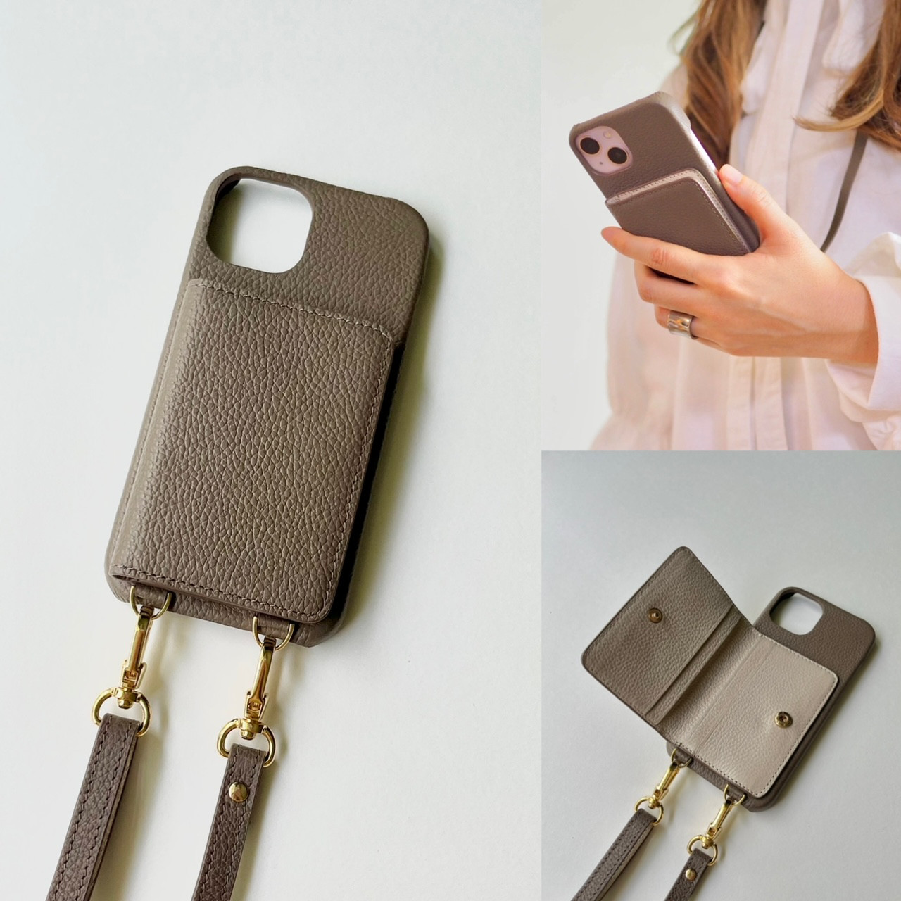 本革　スマホショルダー　名入れ可　バイカラー　 ショルダー付き 　革　カード収納 　 レザーiphoneケース　ココア